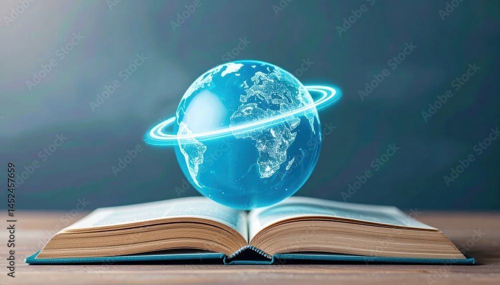 Poster open book with a glowing blue globe representing global knowledge and exploration, against a soft ba