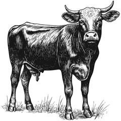 Old engraving cow, vintage livestock sketch, rustic block print vector, black and white drawing, heritage farm art, antique illustration, countryside animal graphic,