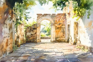Obraz premium Sunlit Stone Archway in a Watercolor Courtyard - A serene watercolor painting depicting a sun-drenched courtyard, ancient stone archway, tranquility, sunlight, and nature's embrace