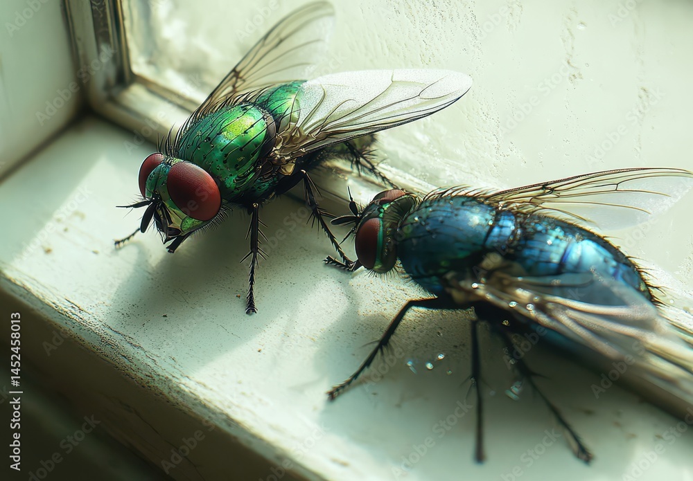 Poster close-up of flies on a window sill with colorful wings and compelling details highlighting insect bo