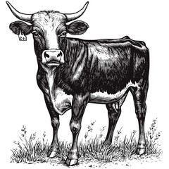Woodcut cow, engraving style, vintage cattle vector, hand drawn farm animal, rustic livestock illustration, retro bovine sketch, classic country graphic, antique rural design