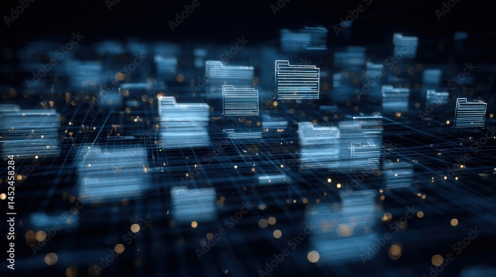 Poster abstract network grid with files and folders, futuristic software interface, digital document manage