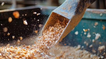 A chicken feed scoop being used to fill up a plastic feeder, with some chicken dust floating in the air.