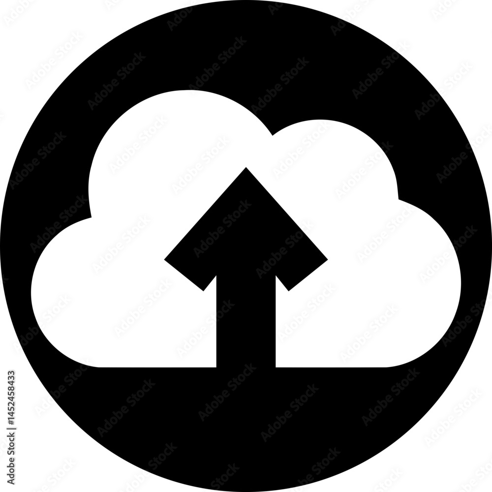 Poster upload icon in black circle white/transparent cloud with up arrow on black background data transfer 