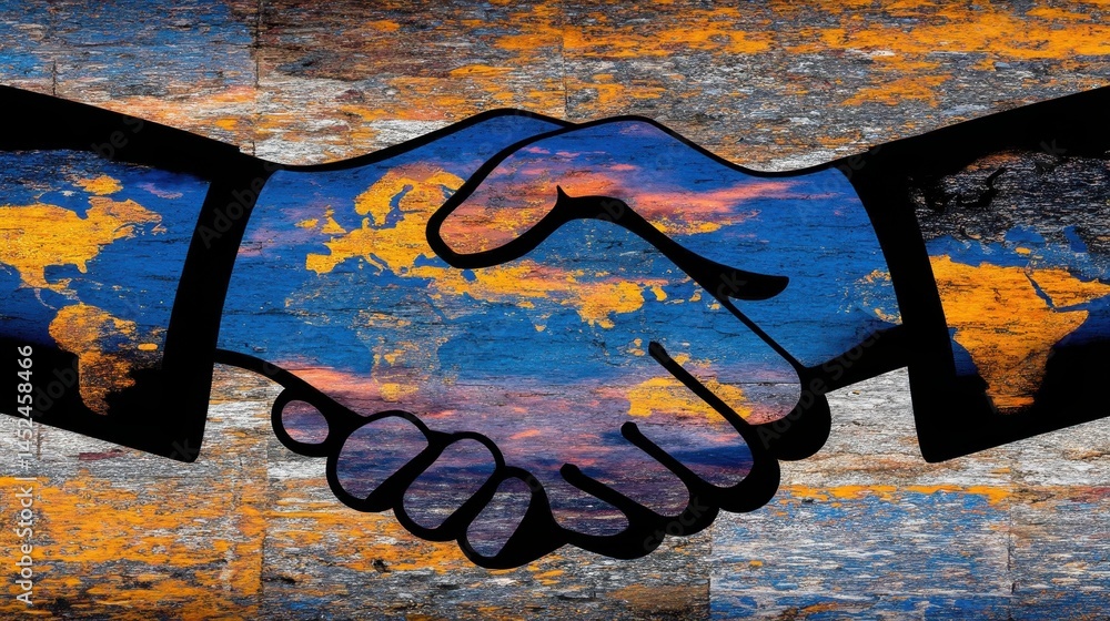 Poster hands shaking symbolizing harmony and cooperation with artistic double exposure of colorful earth an