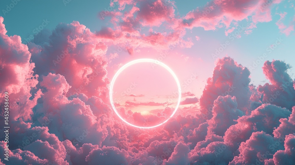 Poster the sky is filled with fluffy pink clouds as a glowing circle hovers above the horizon, illuminating