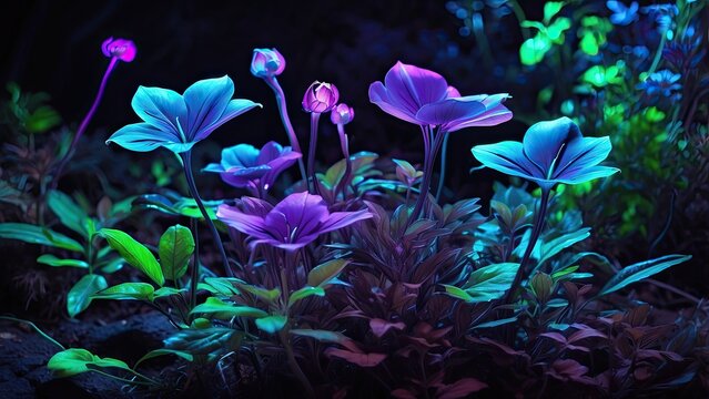 "Vibrant Neon Flowers Illuminated by Ultraviolet Light"