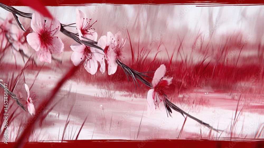 Poster serene harmony of delicate floral elements under a dreamy double exposure effect with a touch of red