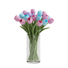 Pastel tulips arrangement in clear glass vase on isolated white background