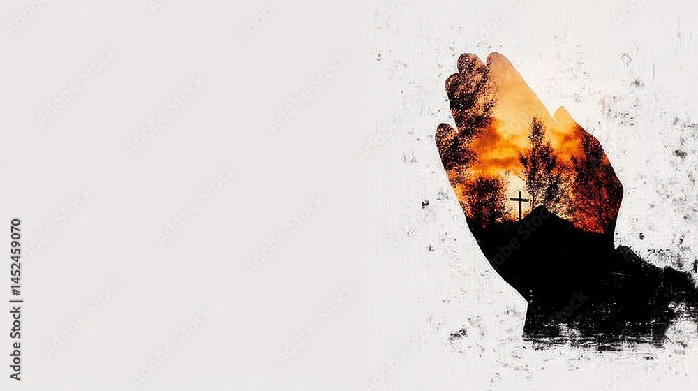 Poster harmony of hands in double exposure illustration with nature scene captured in a unique artistic com