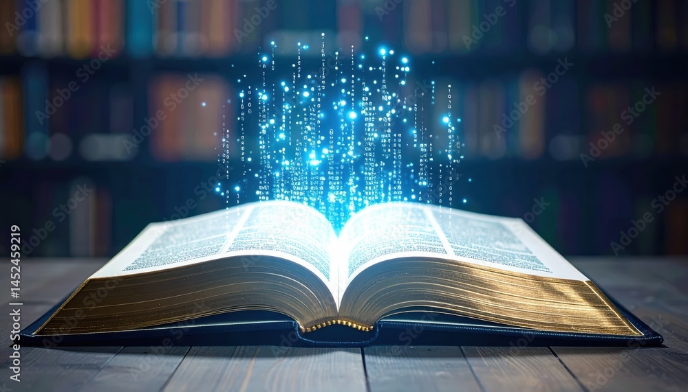 Poster open book with glowing digital data particles emerging from pages, symbolizing knowledge and technol