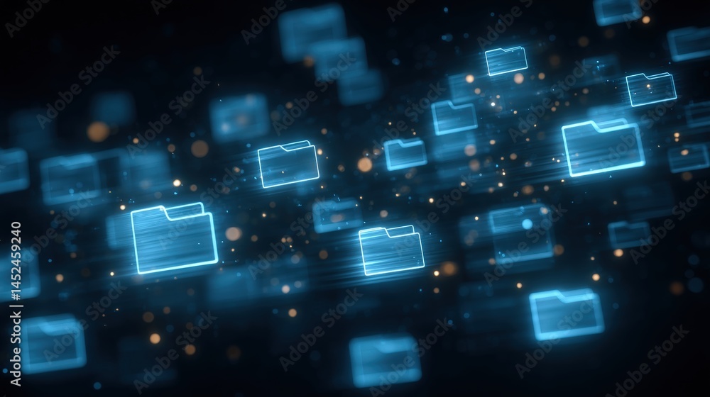 Poster abstract network grid with files and folders, futuristic software interface, digital document manage