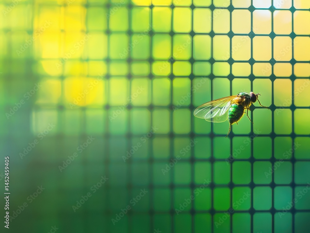 Poster close-up of insect flying near grid pattern in soft focus with bright green and yellow background cr