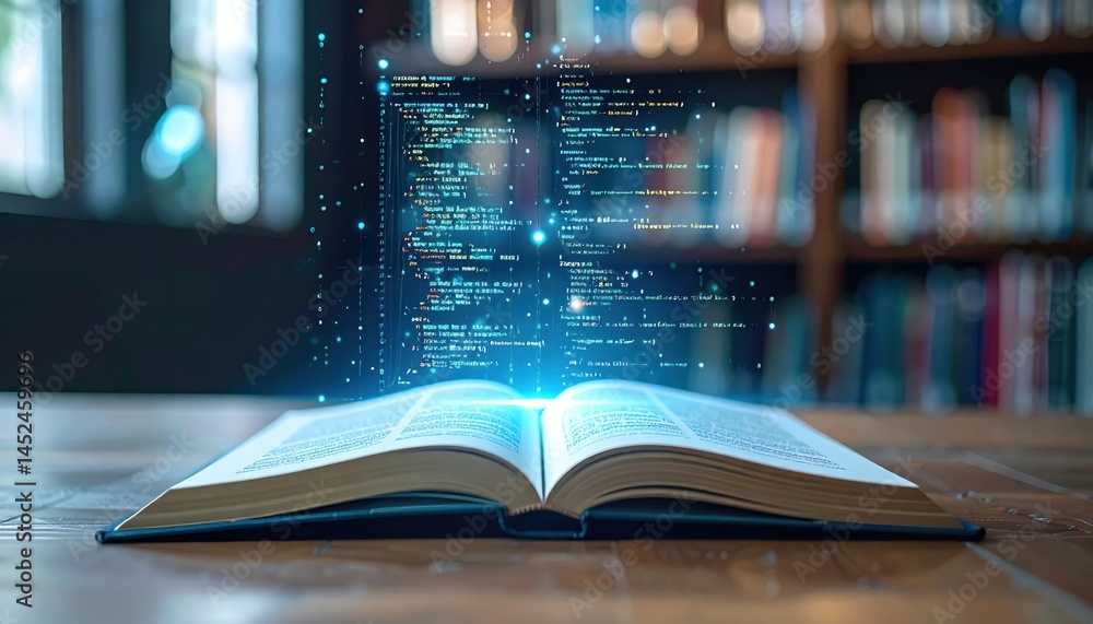 Poster open book with glowing code projected above it, representing digital learning and technology in an a