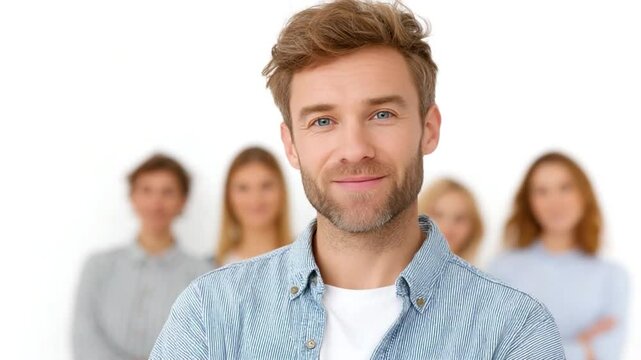 Confident Leader: A striking portrait of a confident male figure, exuding authority and approachability, positioned prominently in front of his supportive team, embodying leadership.