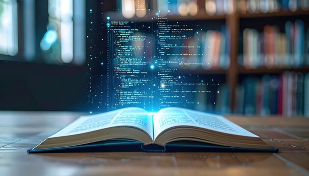 Open book with glowing code projected above it, representing digital learning and technology in an academic setting