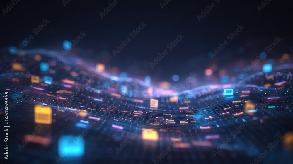 Poster abstract network grid with files and folders, futuristic software interface, digital document manage