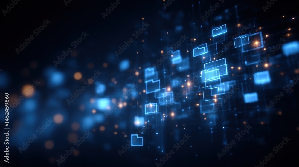 Poster abstract network grid with files and folders, futuristic software interface, digital document manage