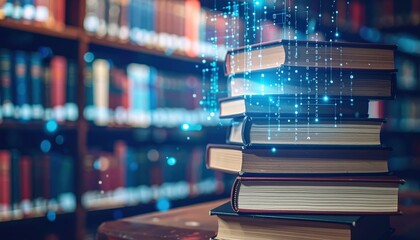 Stacked books in a library setting with digital binary code overlay representing the fusion of knowledge and technology