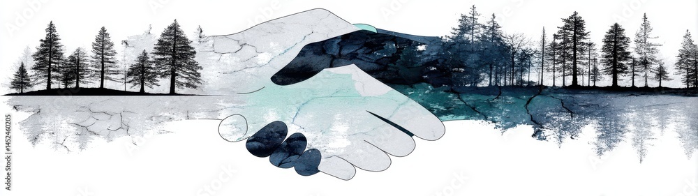 Poster artistic double exposure illustration of hands symbolizing harmony and unity with nature in a serene