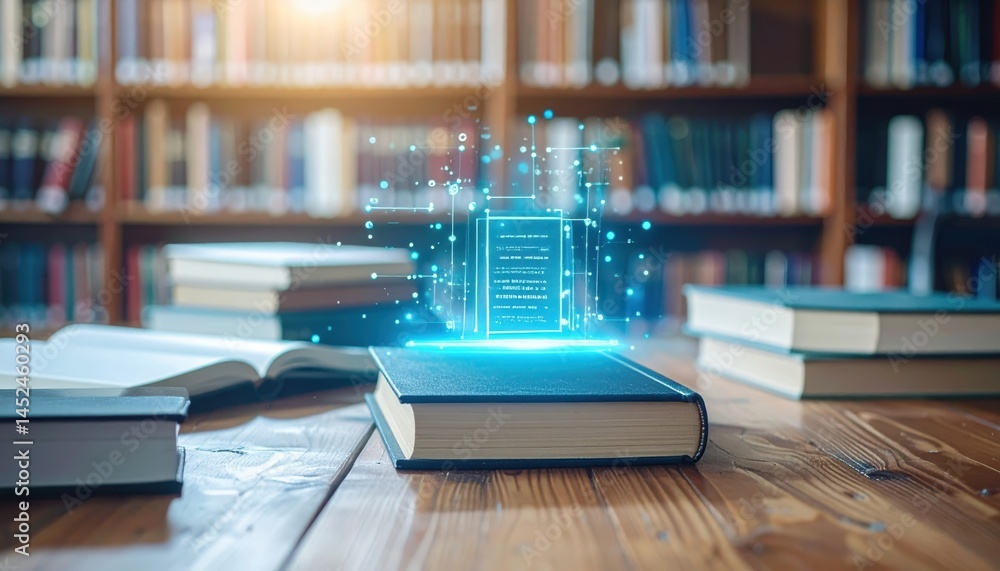 Poster digital book emerging from physical books on a table in a library with shelves full of books in the 