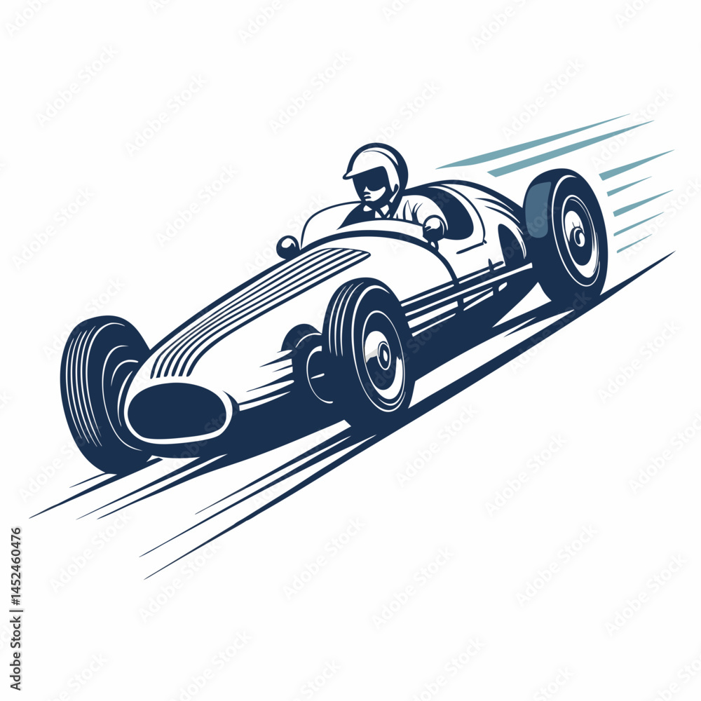 Poster create a vector illustration of a bold, stylized 1950s racing car, emphasizing strong lines and vibr