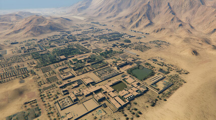 Aerial view of a desert city with numerous buildings, gardens, and a large body of water.  Walls and agricultural areas surround the structures