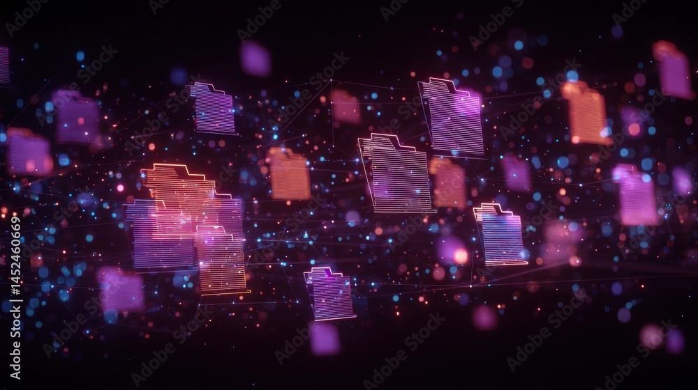Poster abstract network grid with files and folders, futuristic software interface, digital document manage