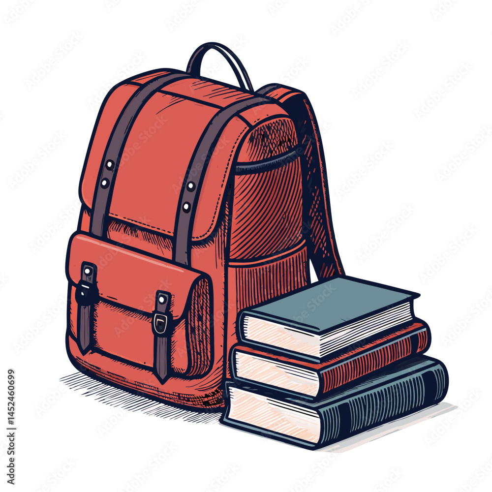 Poster create a bold, vector illustration of a backpack with overflowing books, emphasizing strong outlines