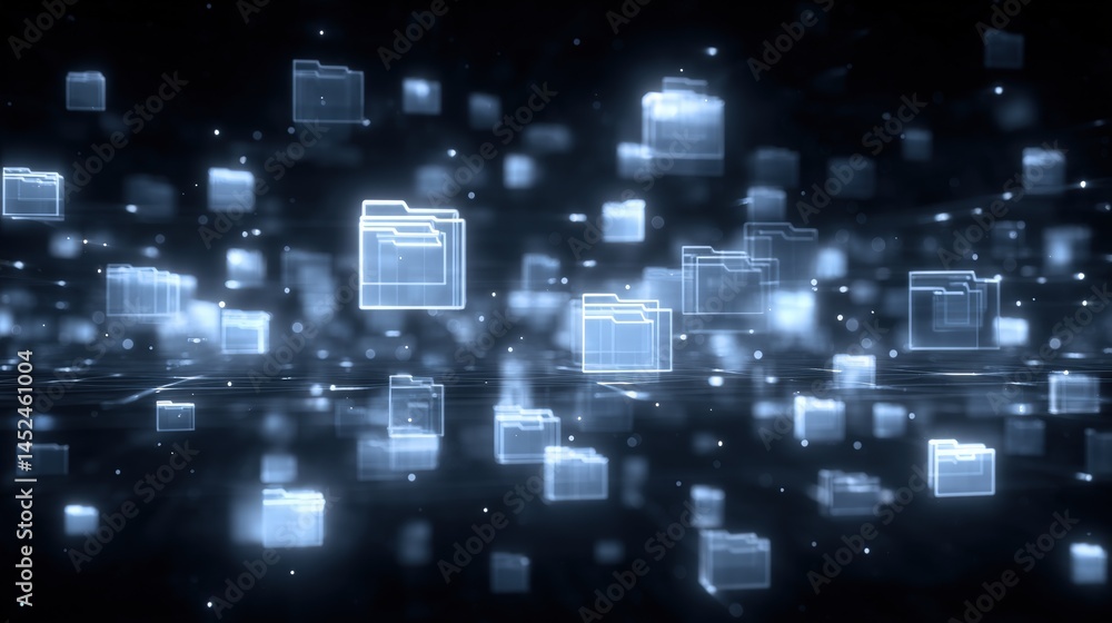 Poster abstract network grid with files and folders, futuristic software interface, digital document manage