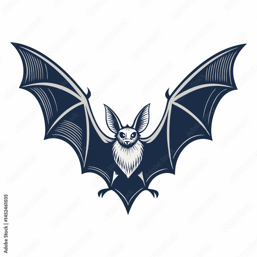 Poster create a vector illustration of a bold-stroked bat, emphasizing its wings' detailed structure. inclu