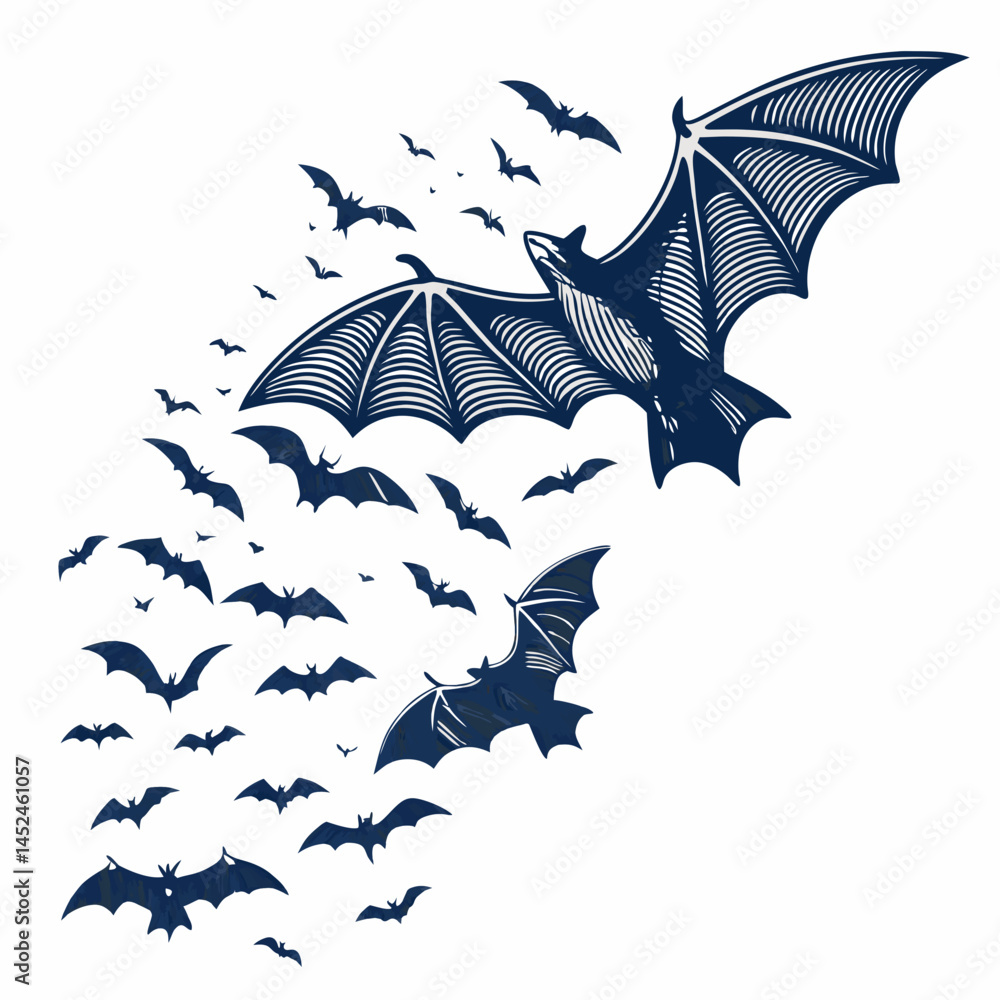 Poster create a vector illustration of a bold, black-stroked swarm of bats flying dynamically inwards, emph