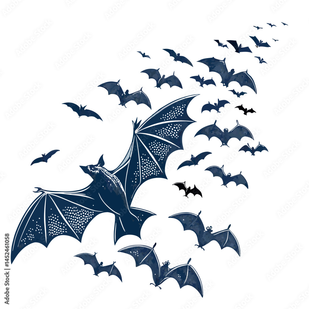 Poster create a vector illustration of a bold-stroked swarm of bats in flight, emphasizing dynamic movement