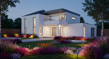 Modern Home Exterior With Illuminated Garden At Twilight Hour