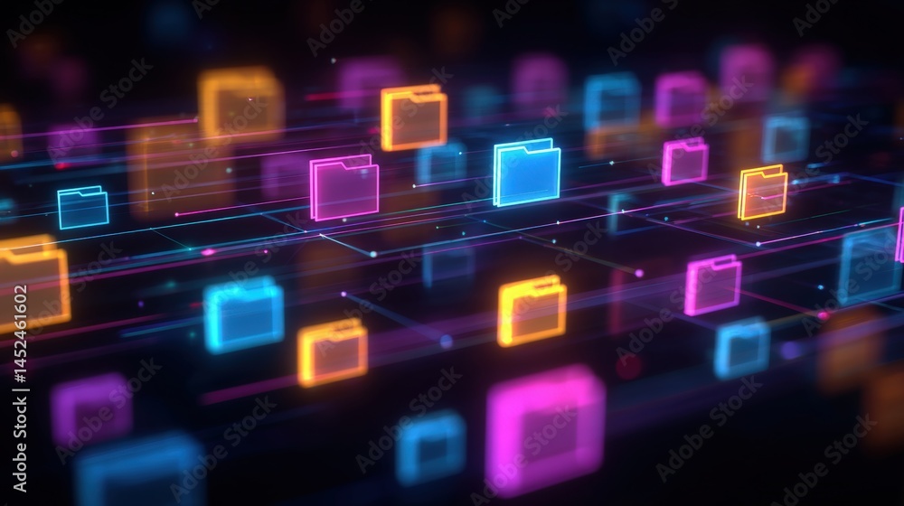 Poster abstract network grid with files and folders, futuristic software interface, digital document manage