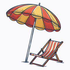 Create a bold, vector illustration of a beach umbrella, emphasizing thick strokes and vibrant color.  Include sand and sea details.