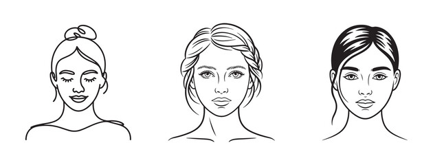 Set of line art different woman face vector. Woman head icon. Woman face silhouette. Vector illustration eps 10