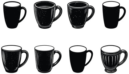 A set of r ceramic cups, black mugs, and coffee cups are isolated objects for hot drinks