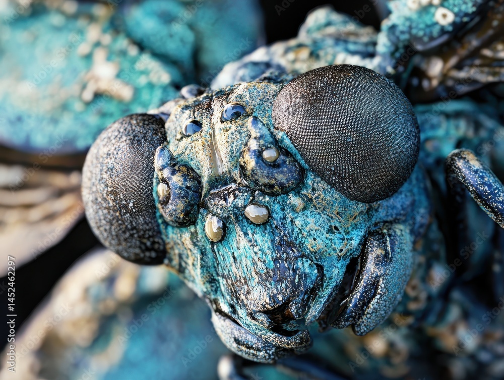 Poster close-up of vibrant insect with intricate details and unique coloration on a natural background in a