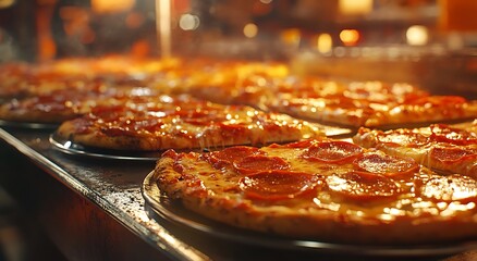 Fresh Pepperoni Pizza in Display Case  Hot and Delicious Fast Food Close-Up