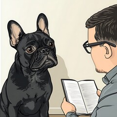Man Reading Book While French Bulldog Looks On Calmly Illustration