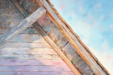 Obraz premium A weathered wooden gable roof under a pastel sky.