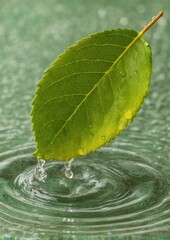 Fototapeta premium Vibrant green leaf dripping water into ripples, nature's delicate beauty captured.