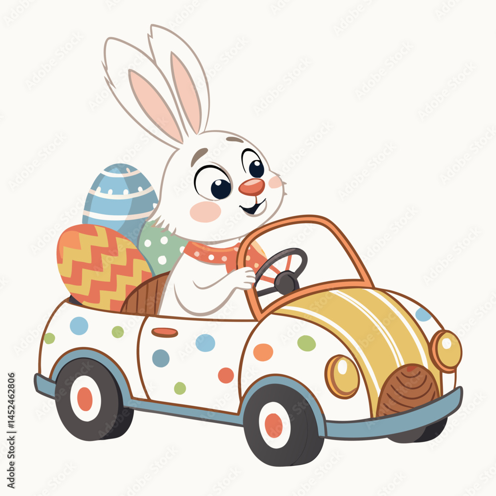 Poster create a vector illustration of a bold-outlined bunny rabbit driving a small smart car. focus on cle