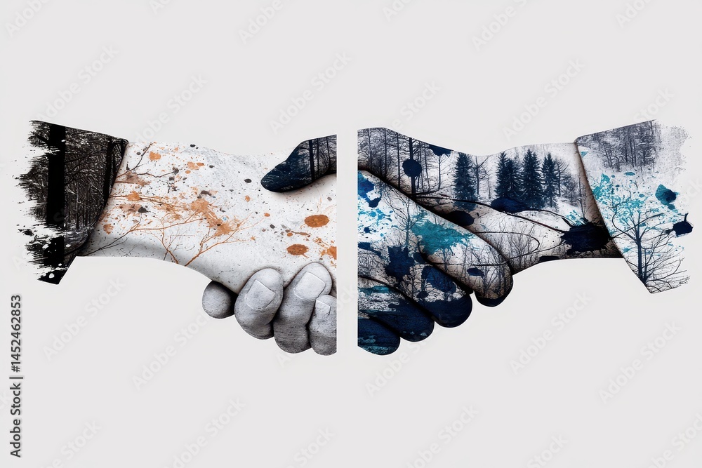 Poster artistic double exposure illustration of hands shaking with nature elements merging in harmony and c