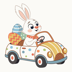 Create a vector illustration of a bold-outlined bunny rabbit driving a small smart car.  Focus on clean lines and a playful style.