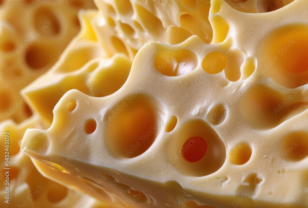 Poster close-up of yellow cheese with holes showcasing unique texture and intricate patterns of swiss chees