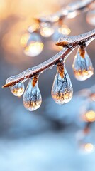 Close-Up of Icy Water Droplets on a Tree Branch