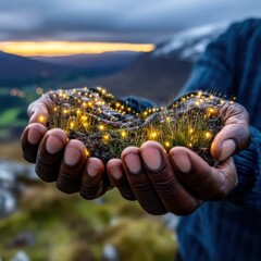 Captivating Double Exposure Illustration of Hands Cradling a Luminous Nature Scene Against Scenic Background