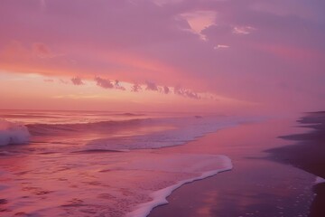 Fototapeta premium Pink Sunset Waves Crashing on Sandy Beach, Serene Coastal Scene at Dusk, Tranquil Ocean View with Soft Light, Peaceful Atmosphere, Romantic Beachscape.